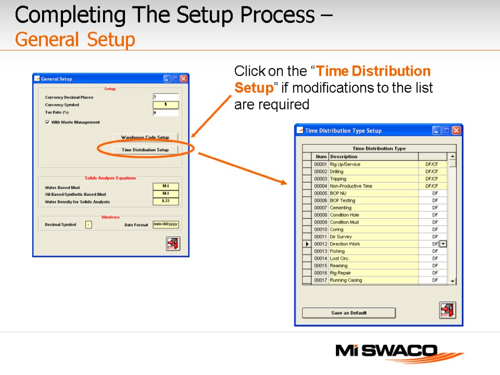 Click on the “Time Distribution Setup” if modifications to the list are required Completing
